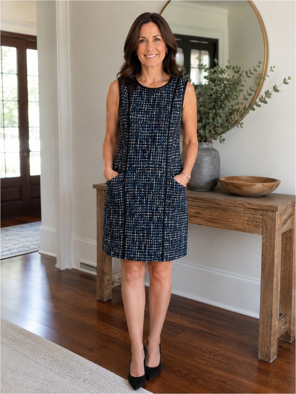 Karl Lagerfeld Paris Navy White Tweed Sleeveless Sheath Dress Women’s Size 12